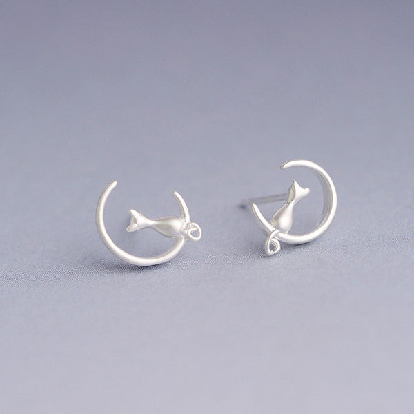 Silver Cat Moon Stud Earrings