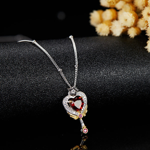 Garnet Topaz Heart Key Necklace