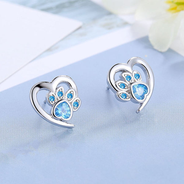 Blue Dog Paw Heart Stud Earrings