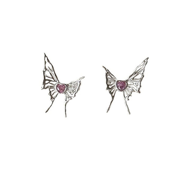 Pink Heart Butterfly Stud Earrings