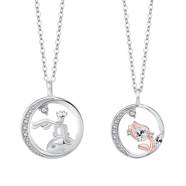 Little Prince Rose Flower Couple Necklace