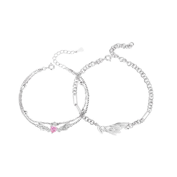 Pink Heart Angel Wing Couple Bracelet