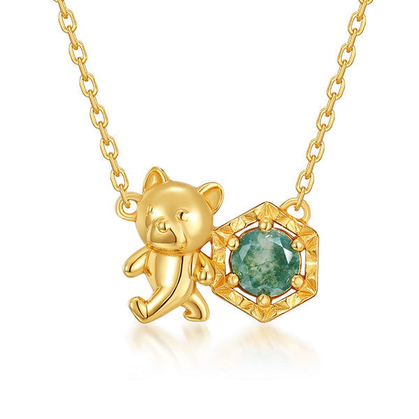 Cute Teddy Bear Moss Agate Necklace