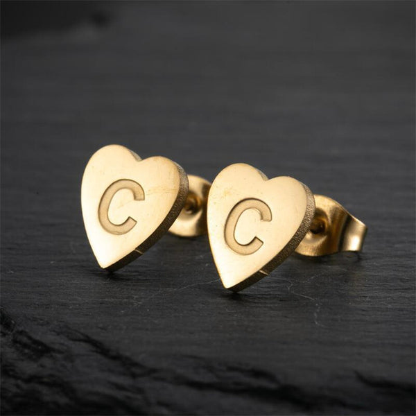 Initial Letter Heart Stud Earrings