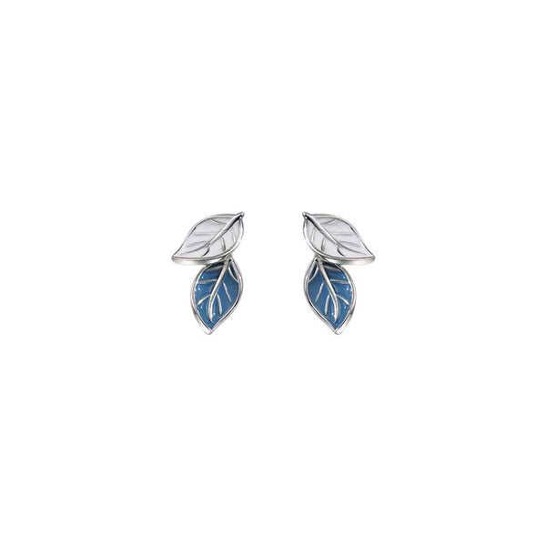 Blue Enamel Leaf Stud Earrings