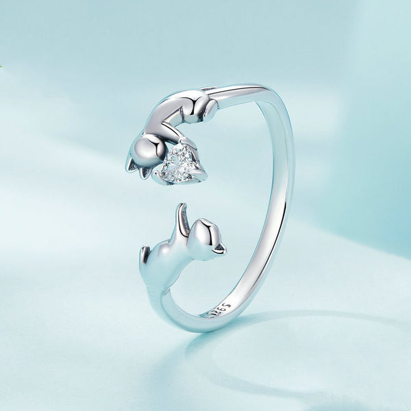 Cute Silver Double Cat Ring