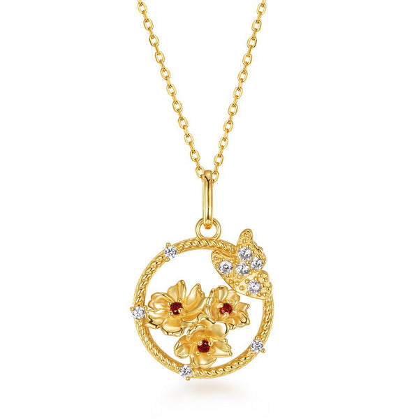 Gold Flower Butterfly Charm Necklace