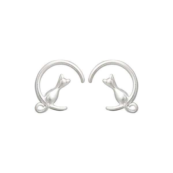 Silver Cat Moon Stud Earrings