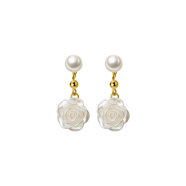 Camellia Flower Pearl Wedding Drop Earrings