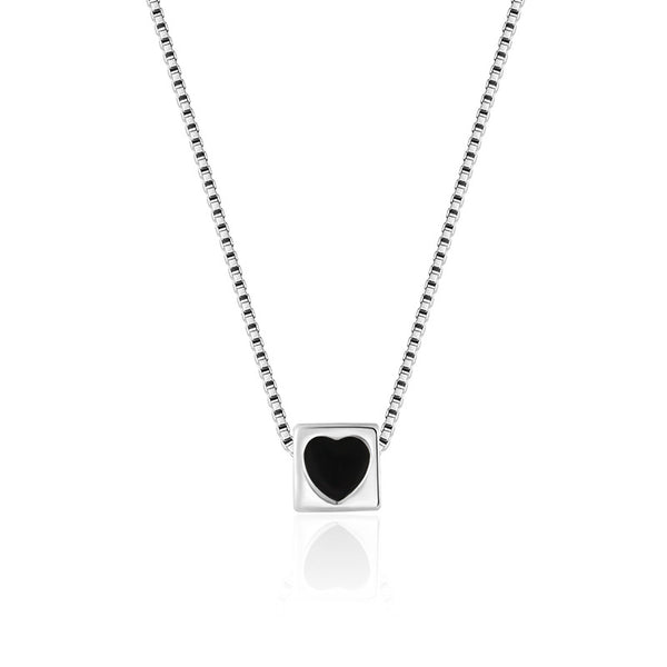 Black Enamel Heart Square Pendant Necklace