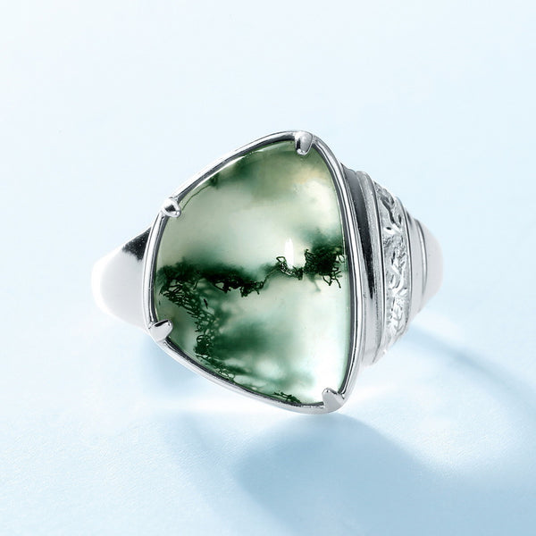 Triangular Moss Agate Statement Ring