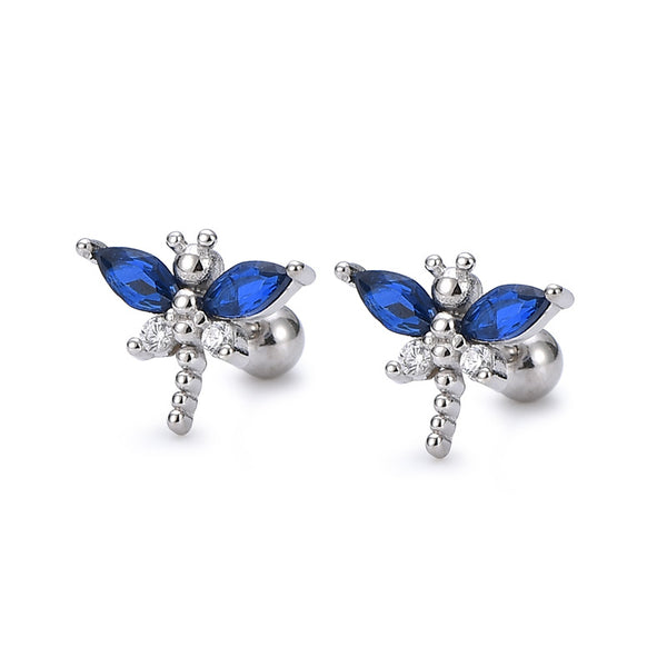 Blue Dragonfly Ball End Stud Earrings