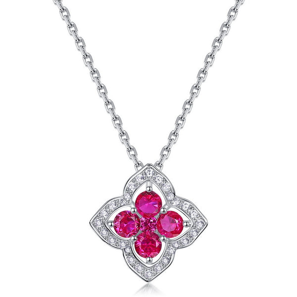 Lab Grown Ruby Four Leaf Clover Necklace