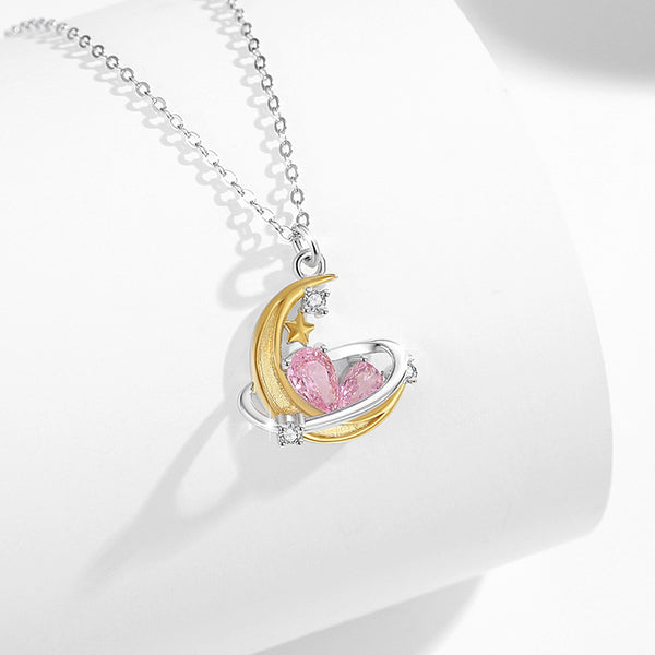 Pink Heart Moon Star Pendant Necklace