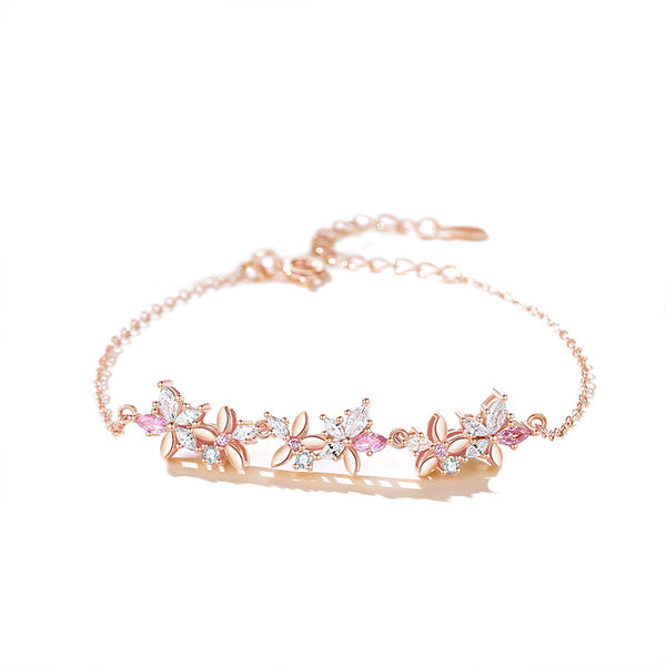 Pink Color Gem Flower Wedding Bracelet