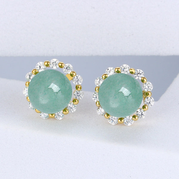 Round Aventurine Halo Stud Earrings