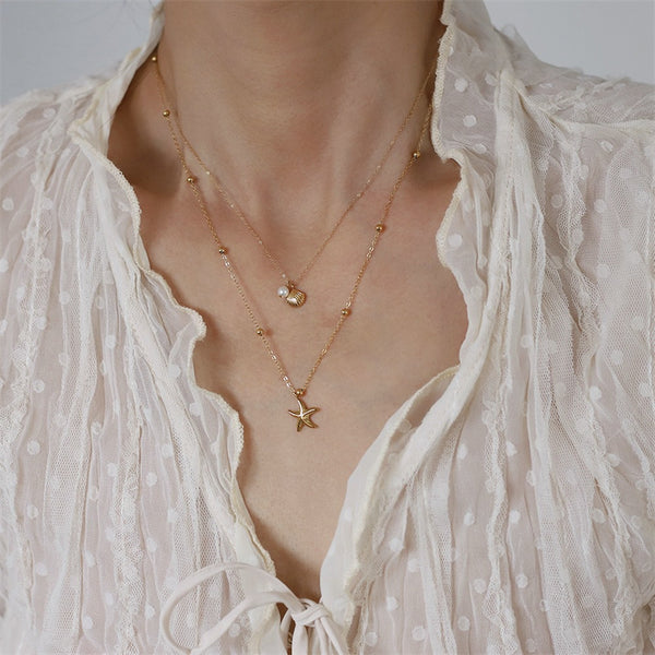 Starfish Seashell Double Layering Necklace