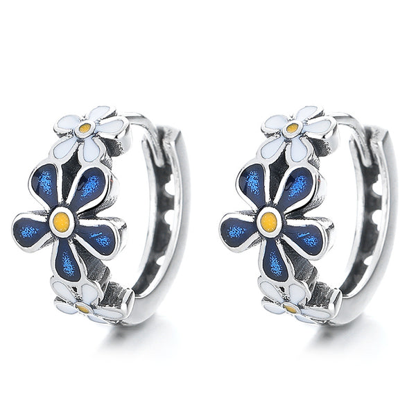 Blue Flower Huggie Hoop Earrings