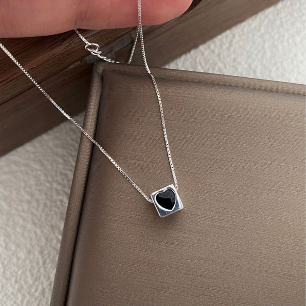 Black Enamel Heart Square Pendant Necklace