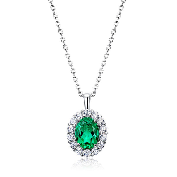 Lab Grown Emerald Halo Pendant Necklace