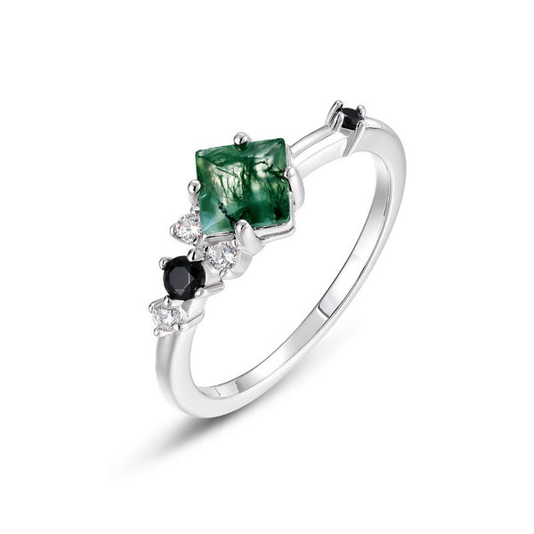 Four-Prong Square Moss Agate Ring