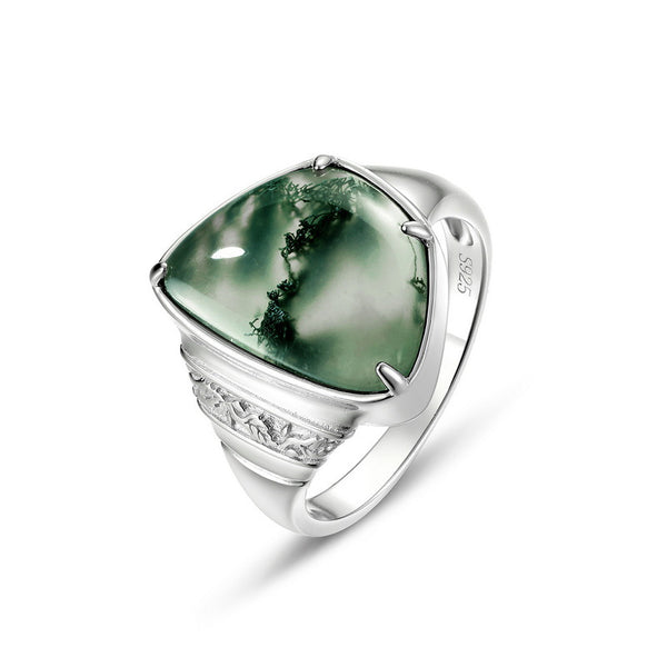 Triangular Moss Agate Statement Ring