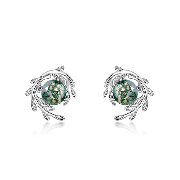 Moss Agate Leaf Stud Earrings