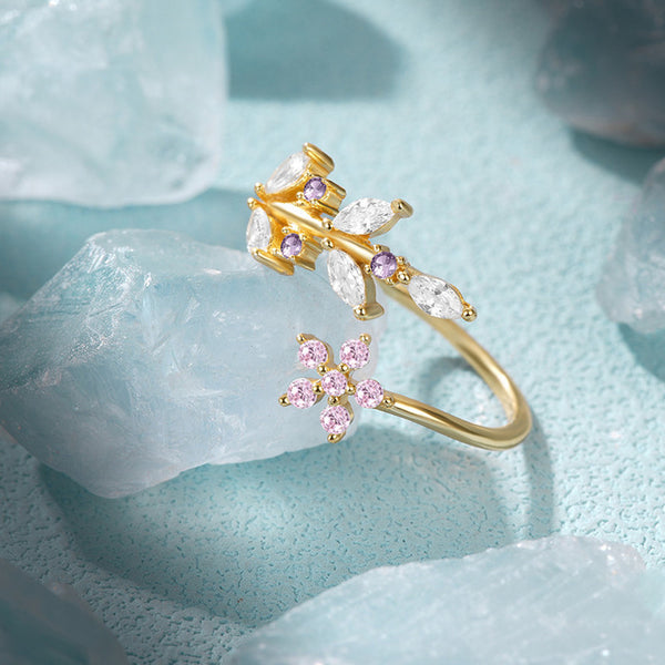 Pink Flower Olive Branch Leaf Ring