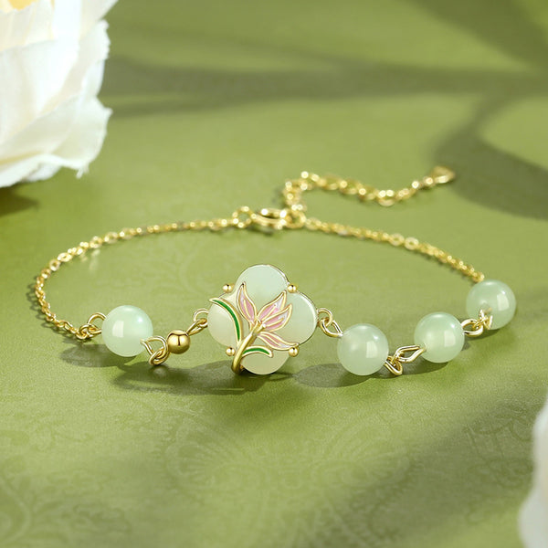 Magnolia Flower Four Leaf Clover Bracelet