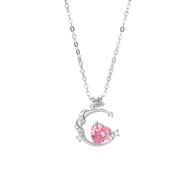 Pink Heart Moon Pendant Necklace