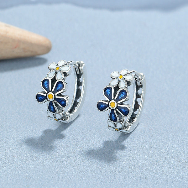 Blue Flower Huggie Hoop Earrings