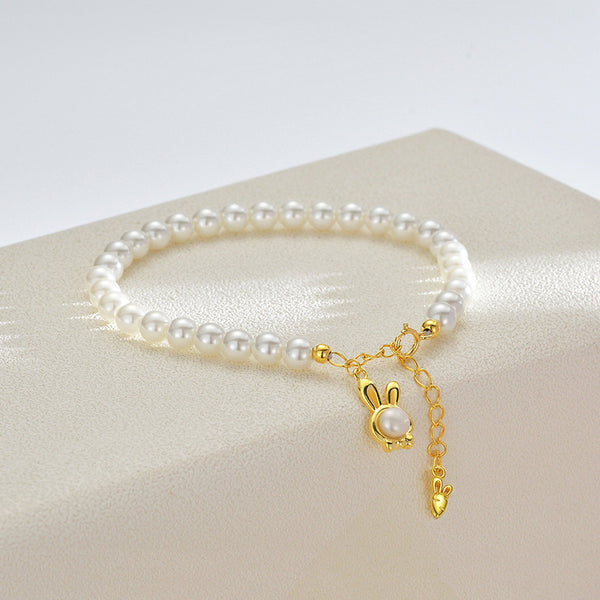 Bunny Rabbit Charm Pearl Bead Bracelet