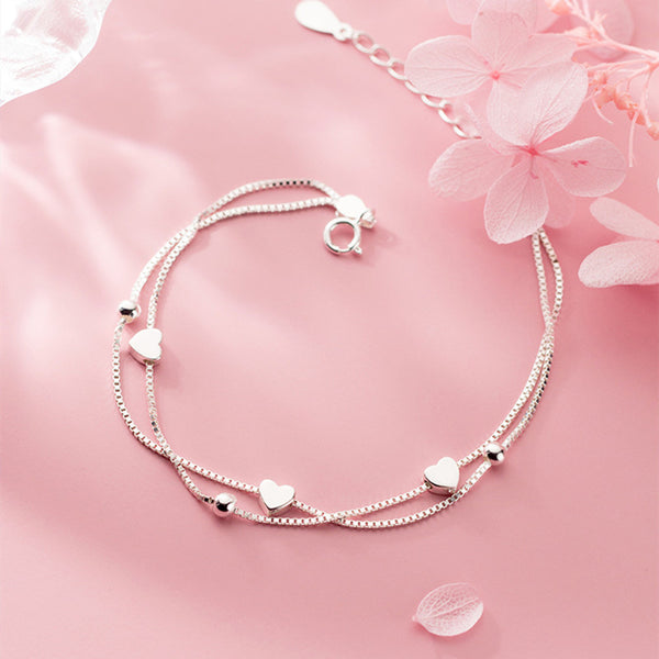 Heart Bead Double Box Chain Bracelet