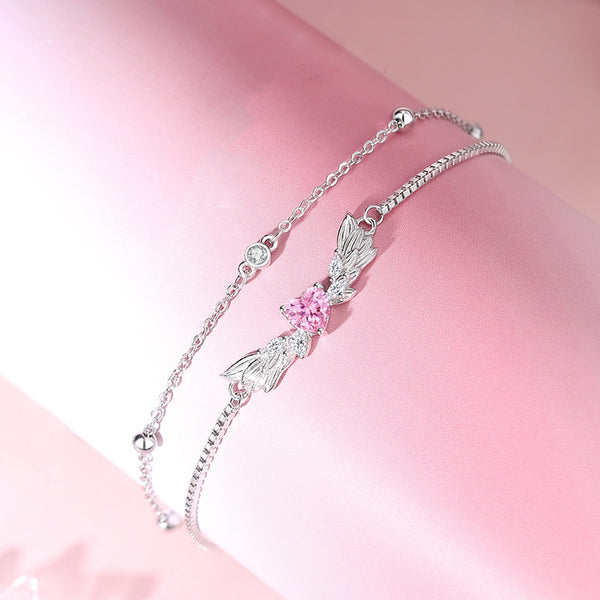 Pink Heart Angel Wing Couple Bracelet