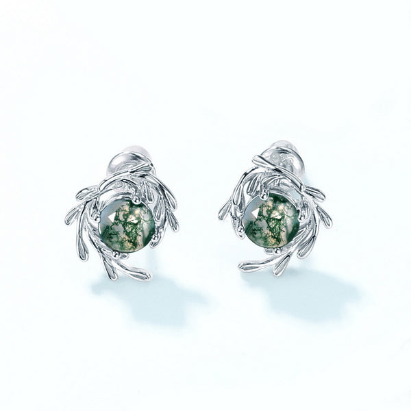 Moss Agate Leaf Stud Earrings