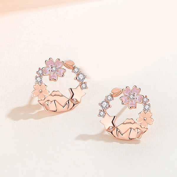 Pink Cherry Blossom Mountain Stud Earrings