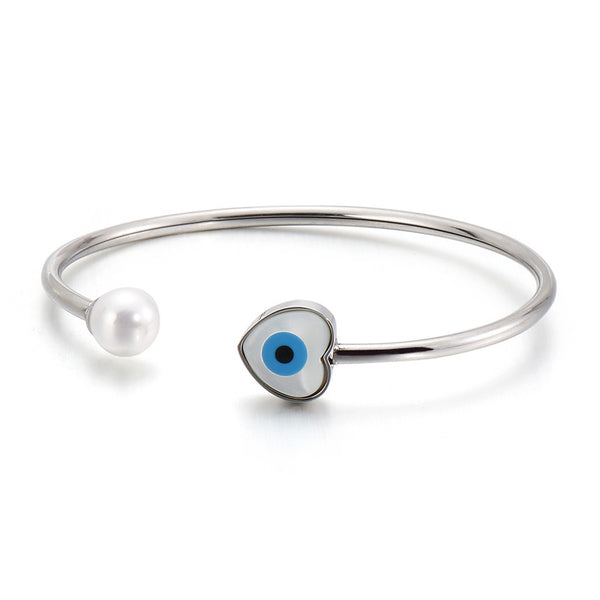 Evil Eye Heart Pearl Bangle Bracelet