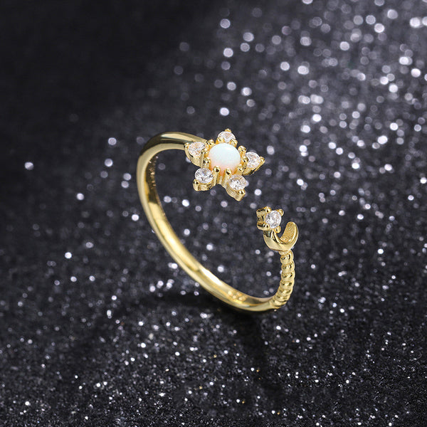 Opal Flower Moon Star Stacking Ring