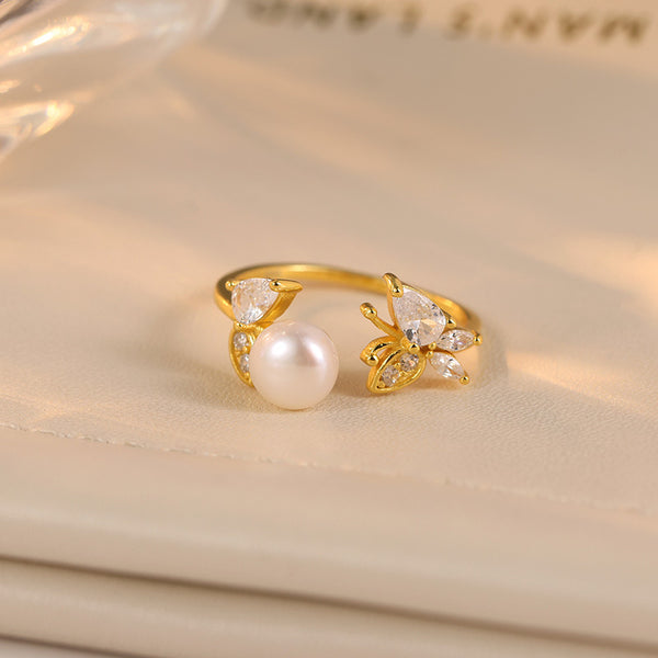 Dainty Butterfly Pearl Ring