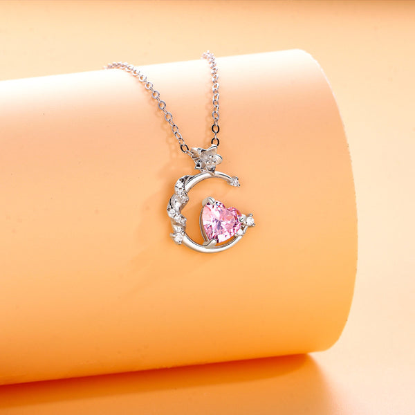 Pink Heart Moon Pendant Necklace