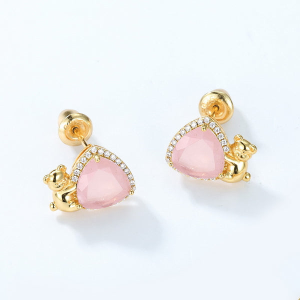 Cute Teddy Bear Rose Quartz Earrings