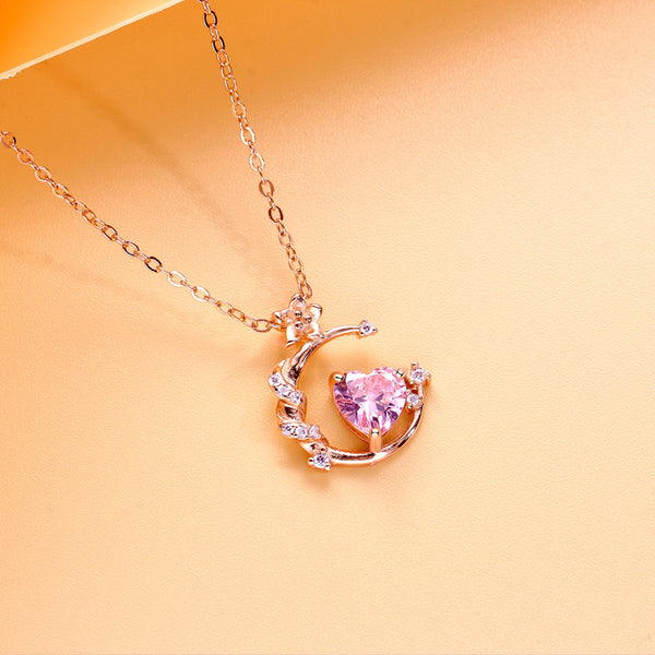 Pink Heart Moon Pendant Necklace