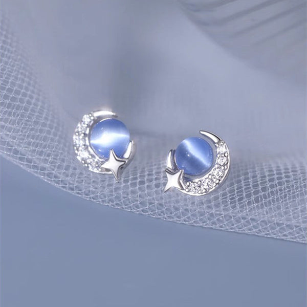 Blue Opal Moon Star Stud Earrings