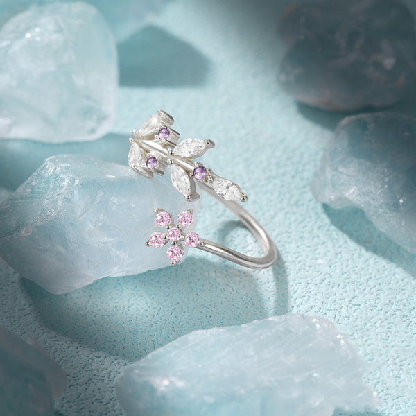 Pink Flower Olive Branch Leaf Ring