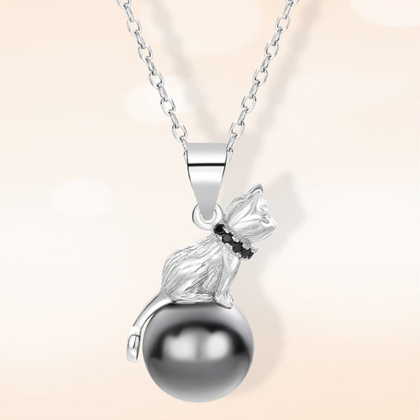 Silver Cat Pearl Charm Necklace