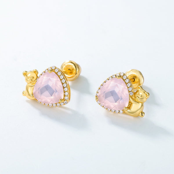 Cute Teddy Bear Rose Quartz Earrings