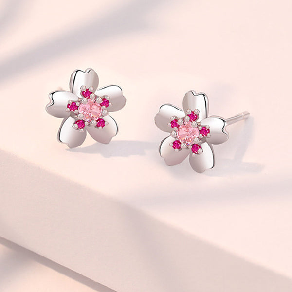 Pink Flower Moon Heart Stud Earrings