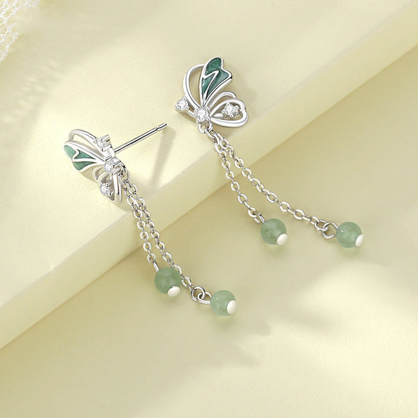 Green Butterfly Drop Stud Earrings