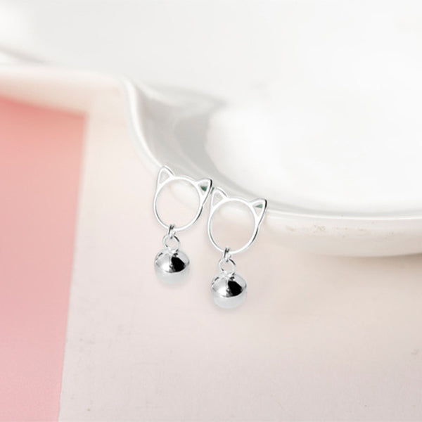 Silver Cat Bell Stud Earrings