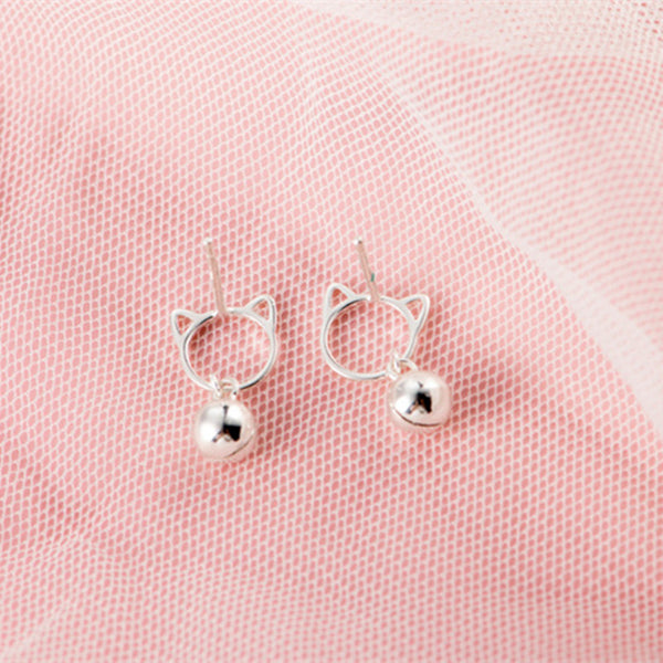 Silver Cat Bell Stud Earrings